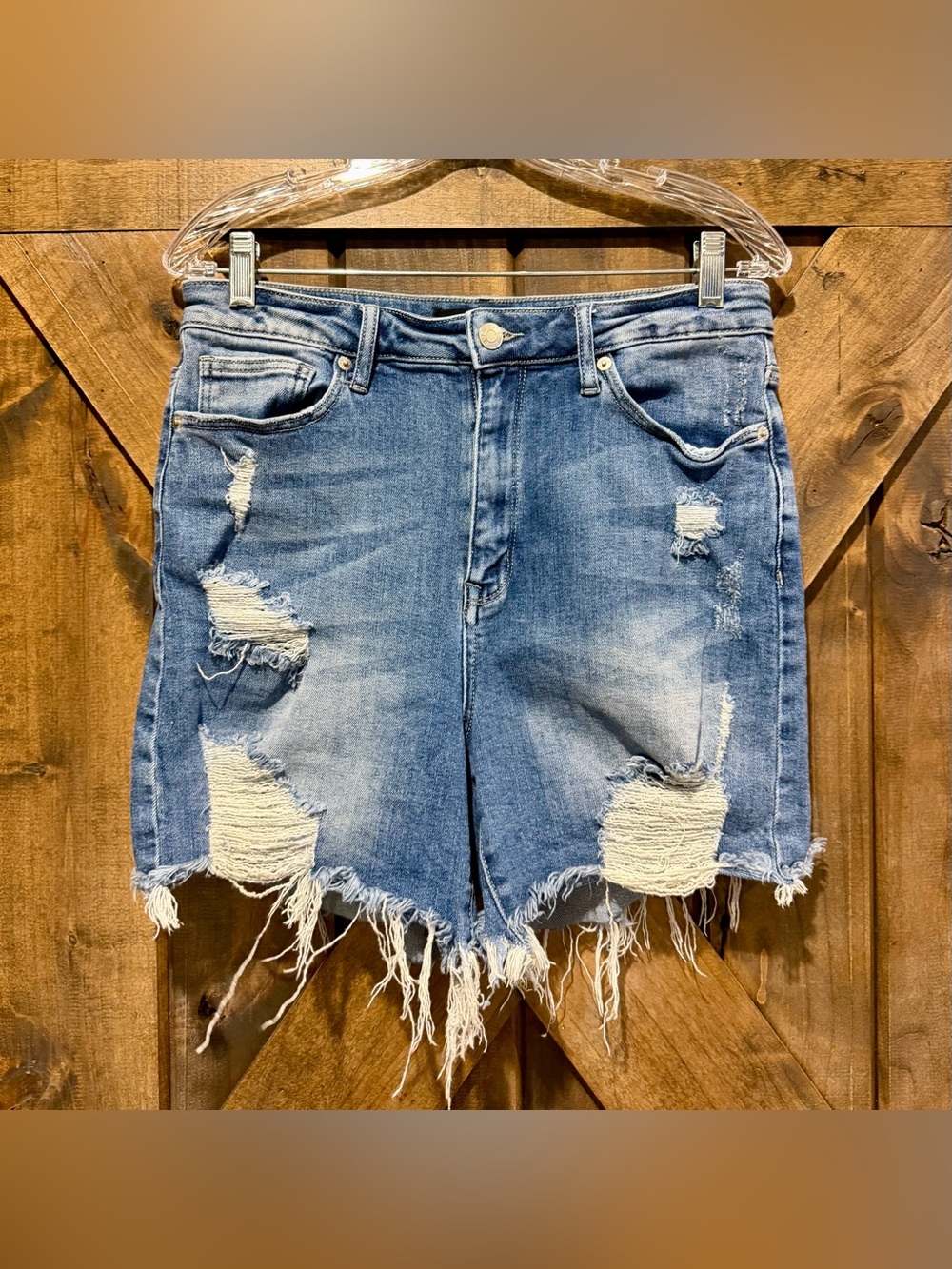 Risen Dark Wash Long Length Denim Shorts
